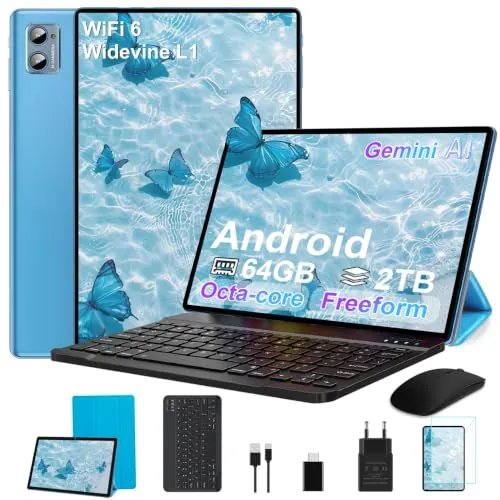 SUAAT 2026 Tableta 10 Pulgadas con Android Octa Core, 64 GB ROM + 2 TB TF | 5G + 2,4G WiFi |GMS| Bluetooth 5.0 |8 MP + 5 MP | Tipo C, Tableta táctil con Funda, Teclado y ratón-Azul