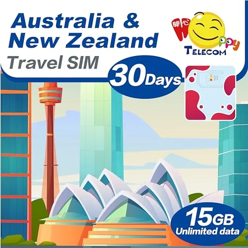 Tarjeta SIM Happy Australia y Nueva Zelanda de viaje ilimitado de datos de 30 días | 15 GB de datos de alta velocidad 5G y luego 128 kbps | Fácil activación | Sin necesidad de registro