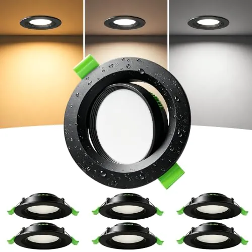 Laiebri Pack de 6 Focos LED Empotrables Orientables 45°, Focos de Techo Empotrables, Corte Ø68-80 mm, Focos LED Extraplanos 23 mm, 5W 230V, 3CCT 2700K/4000K/6000K, IP44 para Baño y Cocina, Negro