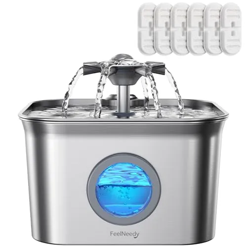 2.8L Fuente para Gatos Acero Inoxidable con 6 Filtros, FEELNEEDY Bebedero Gatos Ultra Silencioso, Filtración de Cuatro Capas, Fácil de Limpiar, Apta para Lavavajillas