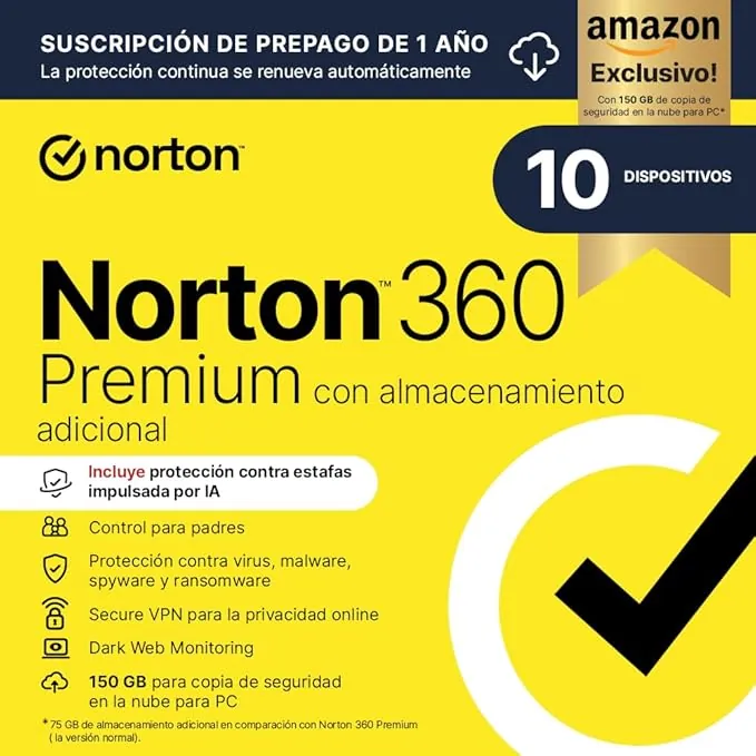 Norton 360 Premium Exclusivo Amazon*|Antivirus 10 Dispositivos|1 año con renovación automática| Descarga digital