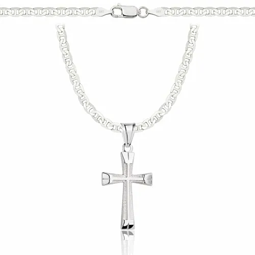 ZELYA Cadena de plata con cruz de plata 925 para niñas y niños – Cadena de comunión con cruz de 45 cm, cadena infantil para comunión y bautizo, caja de regalo con grabado