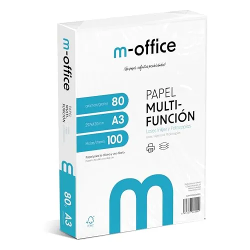 Paquete Folios A3 80gr, Paquete de 100 hojas, Papel Multifunción para Impresora Inkjet y Láser, Hojas A3 297 x 420 mm Ideales para la Oficina como para el Hogar · m-office (100 hojas)