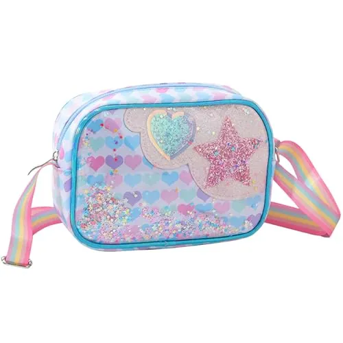 Bolso de Hombro para Niñas, Bolso Bandolera con Purpurina Arcoíris, Bonito Pequeño para Teléfono móvil con Estrellas y Corazones, Correa Ajustable para el Hombro para Niñas (Azul)