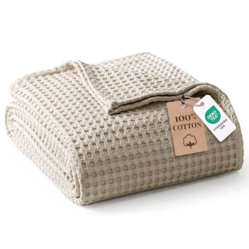 Exclusivo Mezcla Manta para Cama de Verano de 100% Algodón, Manta para Sofá de Gofre, Colcha Multiusos Ligera y Transpirable, Lavable a Máquina y Secable, 130 x 150 cm, Beige
