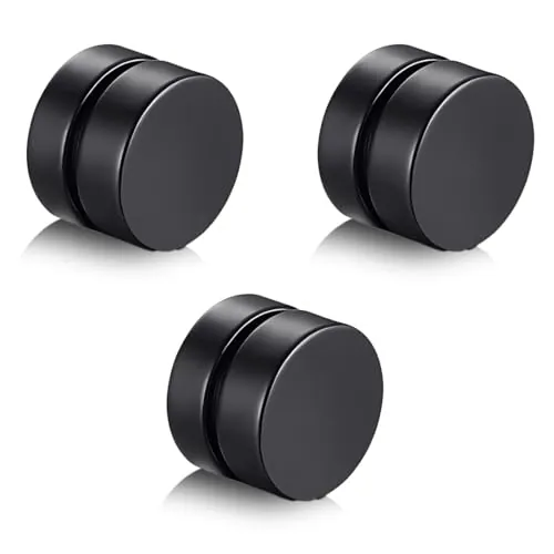 JEYORZY 3 Pares Falsos Pendientes Magnéticos de Acero Inoxidable Imán Hombre Pendientes Clip Hombre Sin Agujero Pendiente CZ Magnet Mujer Aro Pendientes Set para Hombres, Mujeres(Negro）