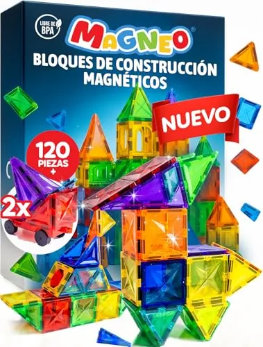 Magneo® Bloques Magnéticos Construcción Niños 120 Piezas (2 Coches) – Piezas Magnéticas Niños 3+ Juego de Imanes Creativo – Magnetic Tiles Educativos – Juego de Construcción