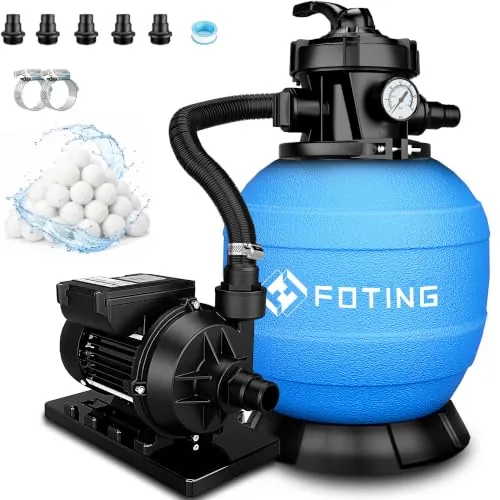 FOTING Depuradora de Arena con Temporizador 24 h – 11.500 L/h, Filtro de Piscina con Bomba, Válvula de 7 Vías con Manómetro, Adaptador Ø32-38 mm, 200 g de Bolas Filtrantes Incluidas