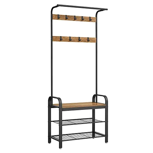 VASAGLE Perchero Zapatero, Perchero con Banco Recibidor, 4 en 1, 9 Ganchos Extraíbles, Barra Superior, para Entrada Pasillo, 33,7 x 77 x 183 cm, Industrial, Nogal Medio y Negro HSR040B41