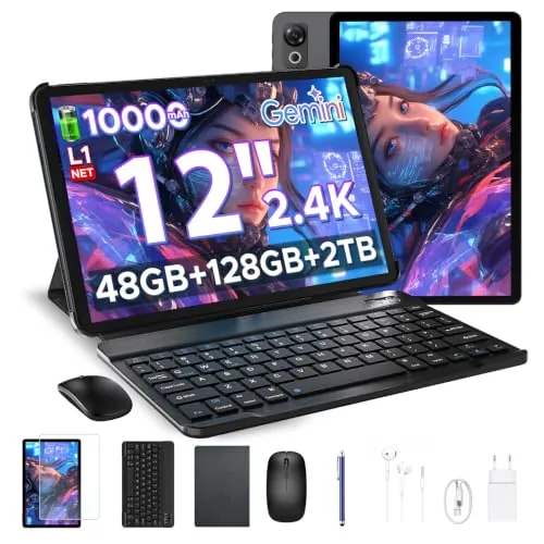 POPUX P12 Tablet 12 Pulgadas, 2.4K 120Hz,48GB RAM + 128GB ROM(TF 2TB),Tablet Android 16, Gemini AI, T7280 Octa-Core, 10000mAh, 13MP+8MP, Face ID, Widevine L1, Tablet con Teclado y Lápiz, Negro