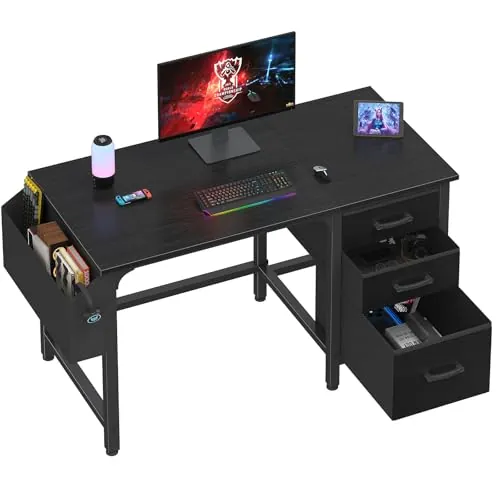 Lufeiya Escritorio Negro Mesa de Ordenador Escritorio con 4 Cajones, Mesa de PC Mesa de Oficina con Espacio de Almacenamiento para Homeoffice Gaming
