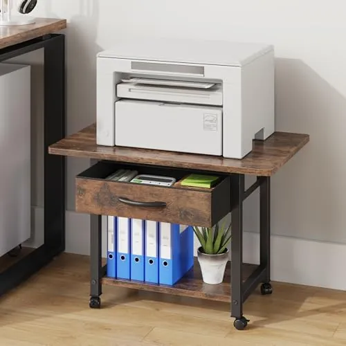 OYRREU Mueble Soporte Impresora 2 Niveles, Mesa con Ruedas, Marrón Rústico