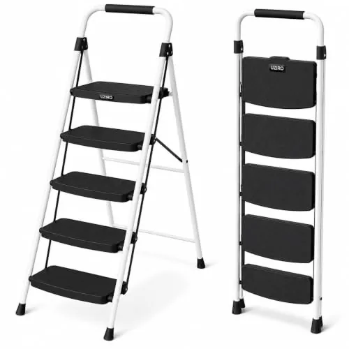 UZIRO Escalera Plegable 5 Peldaños de Acero y Aluminio, Escalera Pequeña Plegable Blanca con Peldaños Antideslizantes y Asa de Goma, para Hogar, Cocina, Oficina y Bricolaje