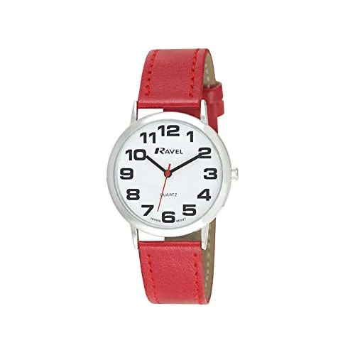 Ravel - Reloj Mujer de Correa de fácil Lectura con números Grandes - Rojo/Tono Plateado/Esfera Blanca