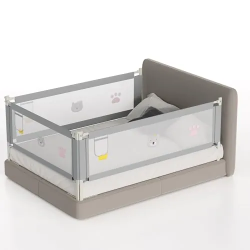 Tubiaz 1x180CM+2x200CM Barrera Seguridad Niños Cama, Altura Regulable 70-98cm, Barrera Cama niños con protección contra caídas, Barandilla Cama niño Plegable, Fácil de Montar, Acabado Gris Bordado