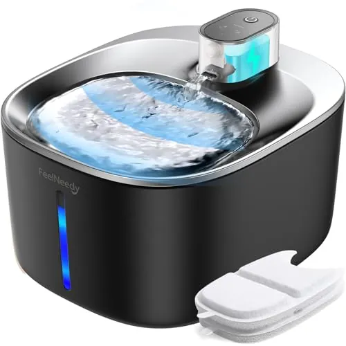 FEELNEEDY 4L Fuente para Gatos Inalambrica con Sensor Movimiento y Bateria Recargable, Bebedero Automático Fuente Acero de Agua Fria para Gatos Sin Cable a 4000mAh Pila, con 2 Filtros, Negra
