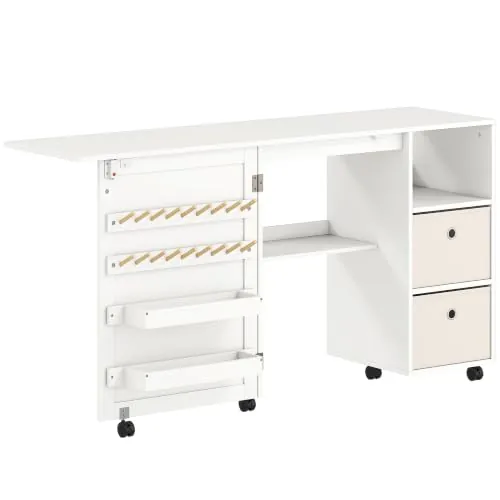 HOMCOM Mesa de Costura Plegable con 6 Ruedas, 3 Compartimentos Blanco