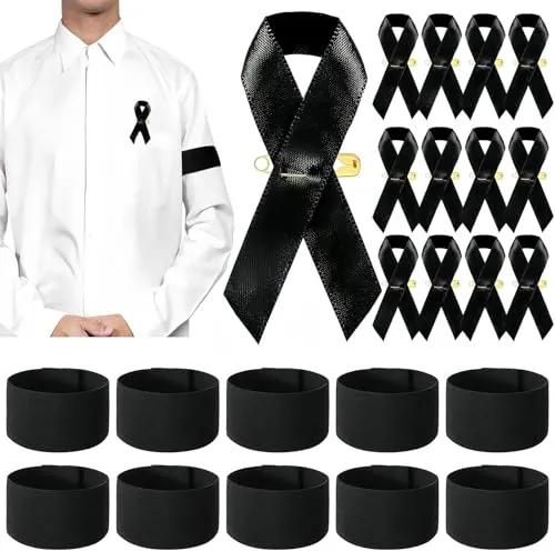 Joonnair 10 Brazalete de Luto Negro, Banda de Capitanes, 20 Pines de Satén y Broches Clásicos para Concienciar sobre Melanoma y Fútbol