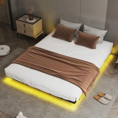 COMHOMA Marco de Cama de Metal, Cama de Invitados, Estructura de Metal, con LED y enchufes, Cama Juvenil de 90 x 190, aplicación y Mando a Distancia, construcción Estable con somier