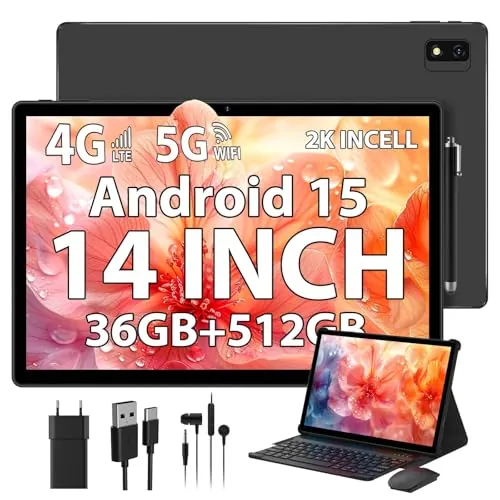 PIXGOOD 2K Android 15 Tablet 14 Pulgadas, 36GB RAM, 512GB ROM (2TB Expansion), 4G SIM LTE & 5G WiFi, 2000 * 1200FHD, 11580mAh, Octa-Core 2.0GH, 13MP+8MP, Tablet con Teclado/GPS/Bluet 5.0(Negro)