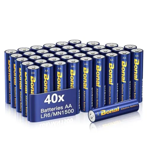 BONAI Pilas Alcalinas AA LR6 (Pack de 40 Unidades) 1.5 V Mignon Pila Alkaline, Rendimiento Elevado, Almacenamiento de 10 años, Gama Performance Potentes Pilas Desechables MN1500