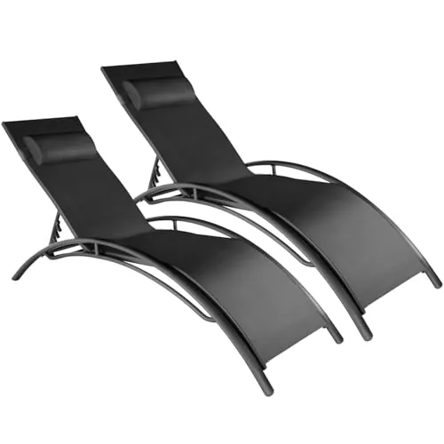 tectake® Set de 2 Tumbonas Jardín Exterior, Tumbona con Reposacabezas, Tumbona Playa Reclinable en 7 Posiciones, Aluminio, Carga Máx. 120 kg, Fácil Montaje - Negro
