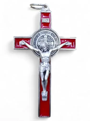 La Balestra Crucifijo para collar, cruz de San Benedetto Made in Italy – Colgante artesanal de crucifijo chapado en plata 999 – Medalla de San Benito en plata chapada