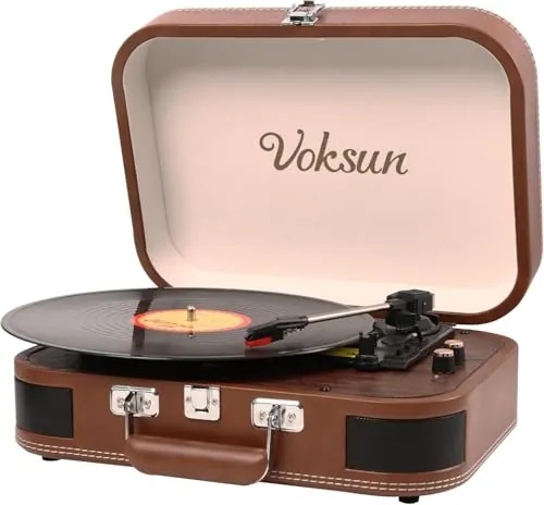 Tocadiscos de Vinilo, VOKSUN Tocadiscos Portátil Vintage con Altavoces Incorporados, Reproductor LP Vinilo con In/out Bluetooth 3 Velocidades, Maleta USB, Entrada AUX, Línea RCA, Auto-Stop (Marrón)