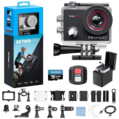 AKASO EK7000 Pro Cámara Deportiva 4K con Tarjeta de Memoria microSDXC de 64 GB Cámara de Acción 20MP WiFi Cámara Sumergible Acuática 40M con EIS Control Remoto Multi Accesorios