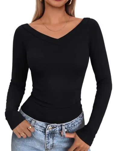 Totatuit Camiseta Manga Larga Mujer Blusa Sensual Elegante Cuello V Negro
