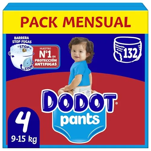 Dodot Bebé Pants Pañales, Talla 4, 9-15 kg, 132 Pañales, Pañal-Braguita con Ajuste 360° Anti-Fugas, Pack Mensual