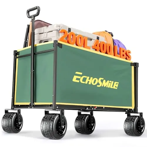 EchoSmile Carro Plegable de 200L 180 kg, Carro de Mano, Carro de Transporte, Carrito con Mango Ajustable, Ruedas Anchas, Todo Terreno, de Playa Camping Jardín Compras (Verde)
