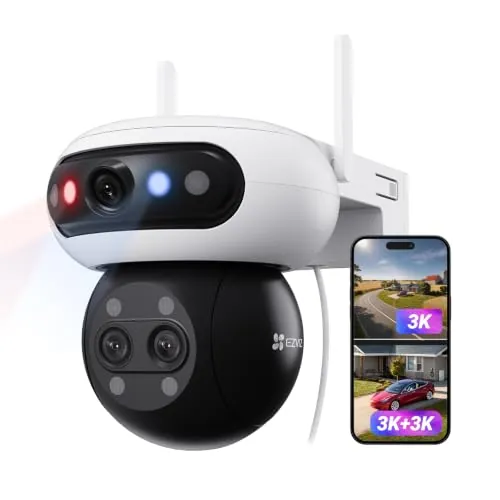 EZVIZ C90f Triple Cámara Vigilancia Exterior WiFi, 3K Cámara Triple Lente 360° con Zoom Mixto 12x, Motor Triple, Detección de Humanos/Vehículos IA, Reconocimiento Facial, Visión Nocturna en Color
