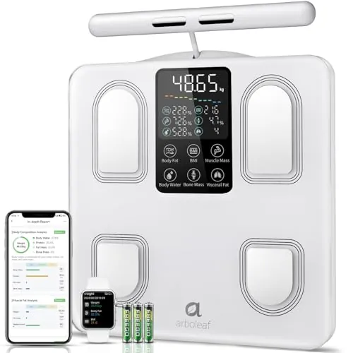 arboleaf Bascula Inteligente de Peso Corporal con 8 Electrodos y Gran Pantalla LED, Báscula Grasa Corporal y Muscular Analiza 50 Métricas, Bascula de Baño Bioimpedancia con Bluetooth y APP, 310x310 mm