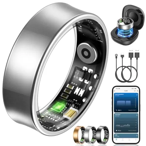 NAIXUES Anillo Inteligente Hombre Mujer, Smart Ring con Control por Gestos, HRV/Pulsometro/SpO2/ Sueño, 170+ Modos Deportivos Smartwatch de Fitness con 5ATM Impermeable, iOS Android (Plata, 7)