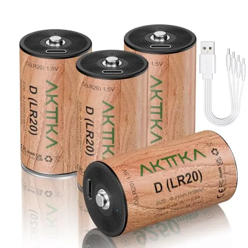 AKTTKA Lote de 4 Pilas Recargables de Ion de Litio D / LR20, 9250 mWh y 1,5 V, Pilas Grandes D, Incluye Cable USB-C, Ideales para linternas de Camping, Coches teledirigidos y linternas LED portátiles