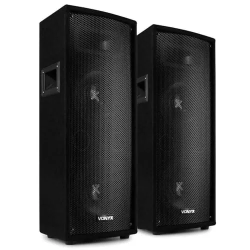 Vonyx SL28 - Set de 2 Altavoces pasivos 1600W con Doble woofer de 8", Bass Reflex, Asas, sombrerete para trípode y Conexiones Jack y Abrazadera, Ideal para Eventos, DJ y Sonido Profesional