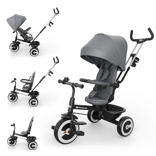 Kinderkraft Aston 2 Pro Triciclo Evolutivo, Bicicleta Sin Pedales, Bicicleta Bebe, para Niños, Cinturón, con Accesorios, Portavasos, Cesta, 9 Meses a 25 kg, Gris