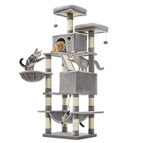 Feandrea Árbol para Gatos Grandes, Torre de Gatos de 168 cm de Altura con 13 Poste, 2 Plataformas, 2 Cuevas, Cesta, Hamaca, Pompón, Rascador Multinivel, Gris Claro PCT165W01