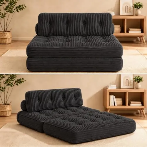 Xbro Sofa Cama 2 Plazas, Sillón Convertible en Cama 2 en 1 Portátil para Espacios Pequeños, Tela de Pana con Relleno de Espuma, 180 x 130 cm Desplegado (Negro)