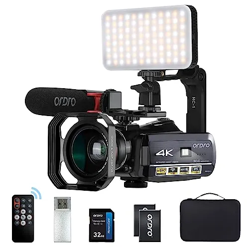ORDRO AC3 4K Videocámara Cámara de Video FHD 1080P 60FPS Videocámara de Youtube Vlogging Visión Nocturna IR con Mic, luz LED, Tarjeta SD 32G