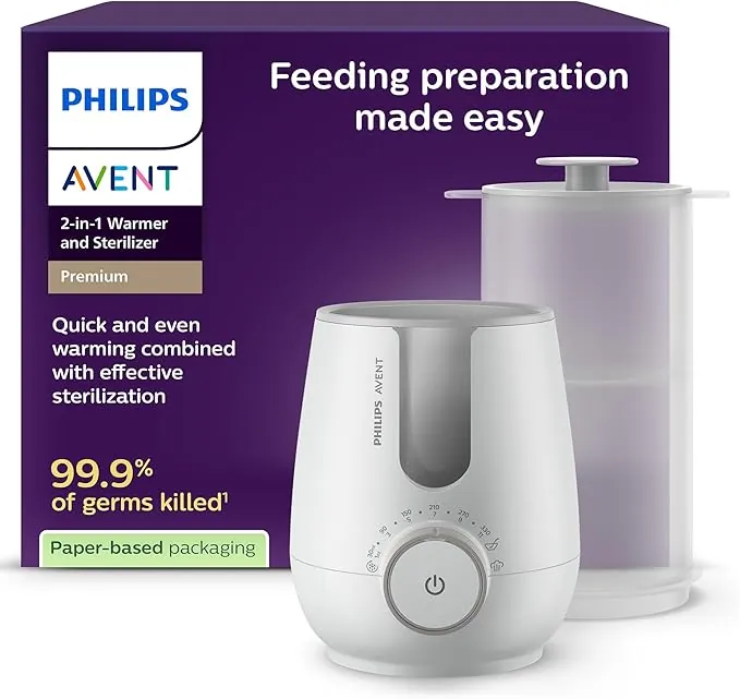 Philips Avent Premium calentador y esterilizador 2 en 1 con tecnología de baño de agua estándar de calidad hospitalaria, sensor de temperatura inteligente, prevención de zonas calientes, SCF359/00