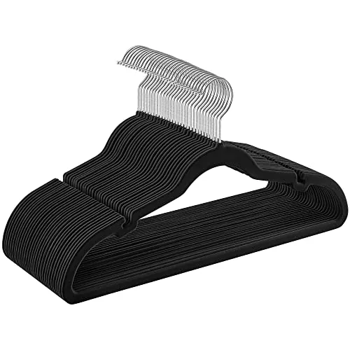 SONGMICS Perchas de Terciopelo, Juego de 30 Piezas, Antideslizantes | Ranuras para Hombros, Barra para Pantalones, Gancho Giratorio 360°, 0,6 cm de Grosor, 43 cm Largo, Negro Tinta CRF029B03