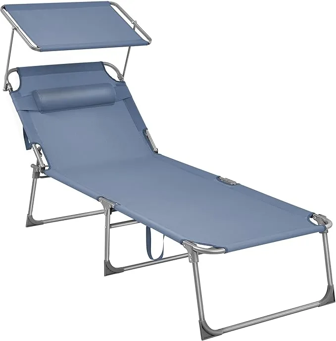 SONGMICS - Tumbona Plegable, Tumbona, 71 x 200 x 38 cm, Capacidad de Carga 150 kg, con Parasol, Respaldo reclinable, para jardín, Piscina, terraza, Azul GCB022Q01