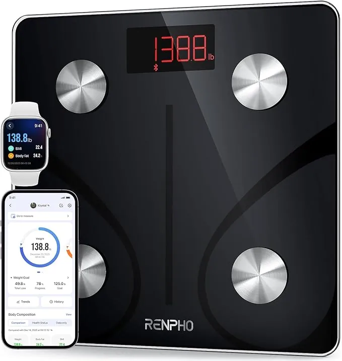 Bascula de Baño Digital Grasa Corporal, RENPHO Balanza Bluetooth Inteligente con App, Bascula Electrónica Analógica Monitores con Análisis Corporal, 13 Mediciónes de Peso IMC, 500 lbs, 30x30cm