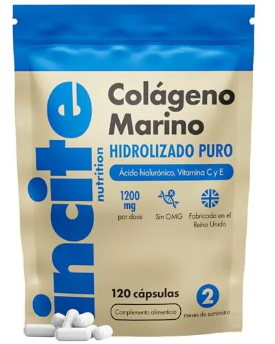 Incite Nutrition Colágeno Marino con Ácido Hialurónico Cápsulas, Colágeno Hidrolizado Puro Tipo 1, 1200 mg con Vitaminas C, E, B12, Zinc, Cobre y Yodo, 120 Cápsulas