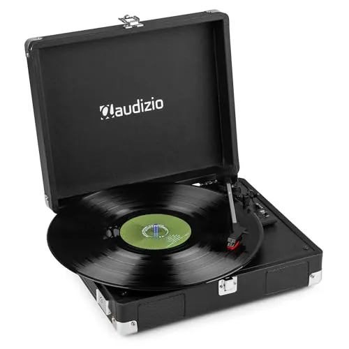 Audizio RP111BK Tocadiscos Retro en Maleta Negra con Altavoces Integrados, 3 velocidades 33/45/78 RPM, Cartucho cerámico, Salida RCA, Entrada Auriculares, portátil y Elegante