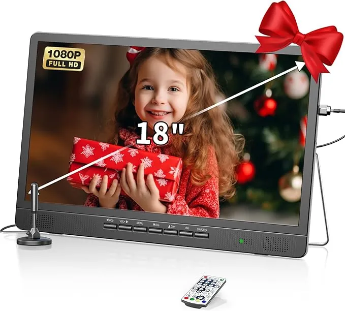 Desobry Portable TV, 18" Mini LCD TV con sintonizador DVB/T2, 12V Televisores, HD 1080P, para Camping al Aire Libre, Dormitorio, Cocina, soporta entradas USB/HDMI/AV