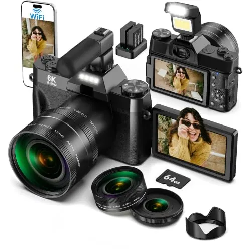 Cámara Digital 6K 64MP con WiFi, Zoom Digital 16X Autofocus Tarjeta SD 64GB