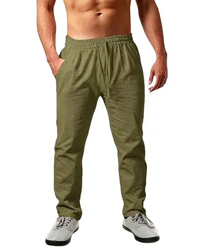 Cegerne Pantalones de Lino Hombre Verano Largos Ligeros y Transpirables, Corte Holgado, Cintura Elástica con Cordón Ajustable – Ideales para Vacaciones, Playa y Uso Diario, Verde Oliva, M